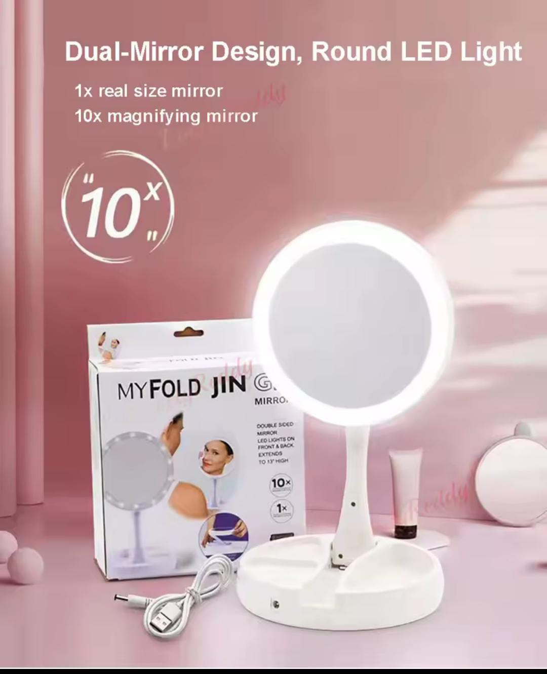 LED Lamp Makeup Mirror with Organizer Tray – Bright Ring Light, Adjustable Angle, Perfect for Beauty & Skincare