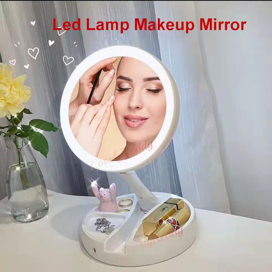 LED Lamp Makeup Mirror with Organizer Tray – Bright Ring Light, Adjustable Angle, Perfect for Beauty & Skincare