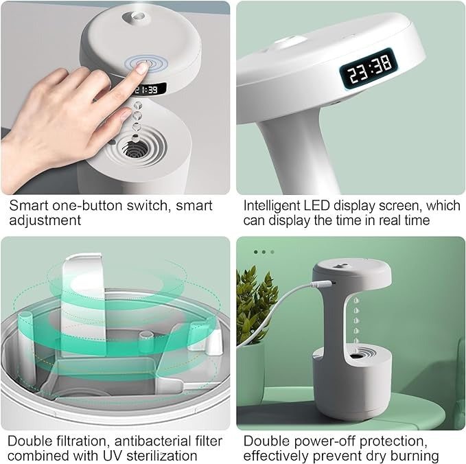Anti-Gravity Water Droplet Humidifier | LED Night Light | Silent Air Moisturizer
