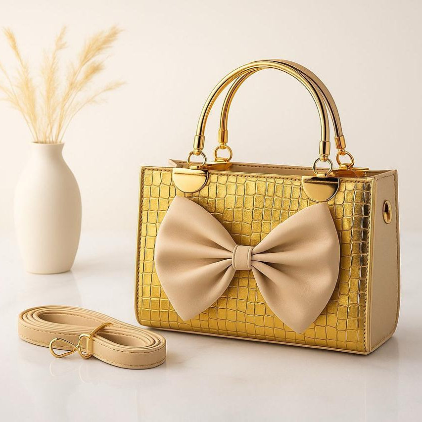 Luxury Bow Handbag for Women | Crocodile-Texture Shoulder & Crossbody Bag with Metal Handle