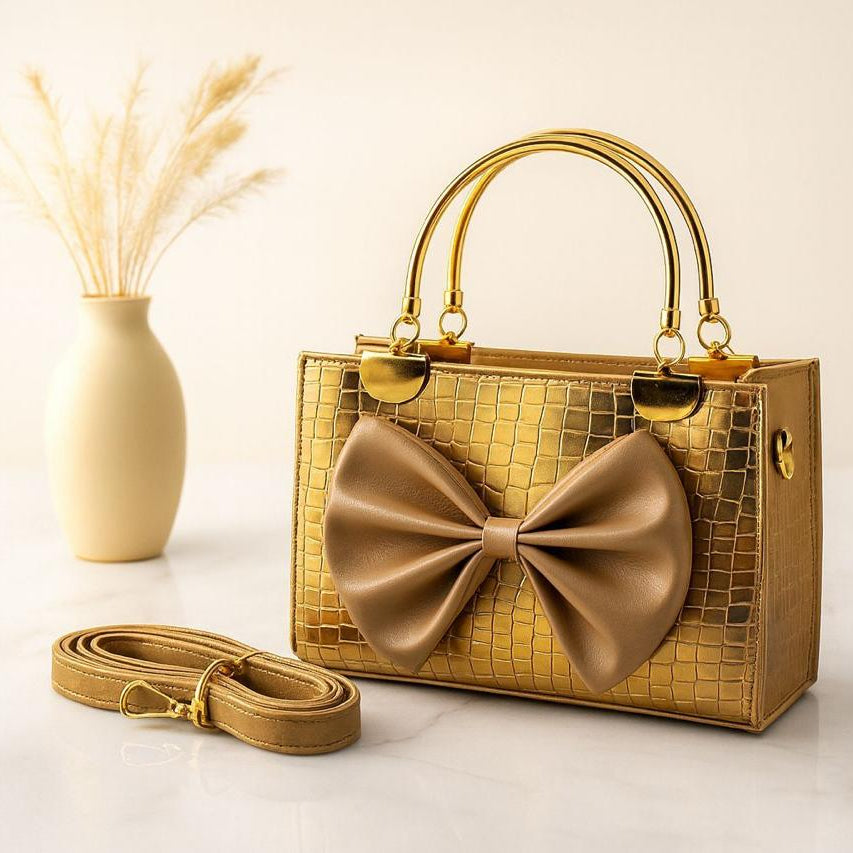 Luxury Bow Handbag for Women | Crocodile-Texture Shoulder & Crossbody Bag with Metal Handle