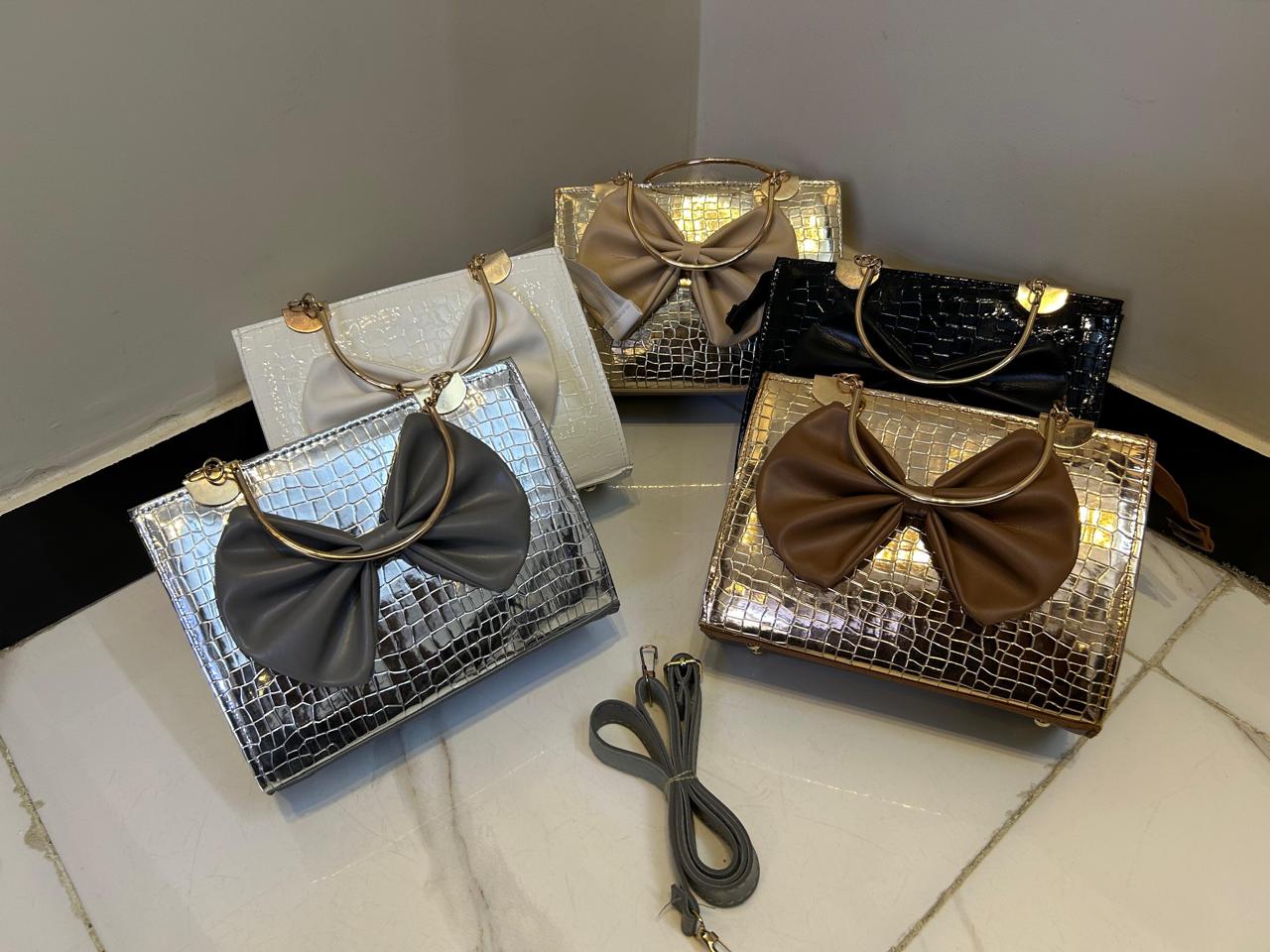 Luxury Bow Handbag for Women | Crocodile-Texture Shoulder & Crossbody Bag with Metal Handle