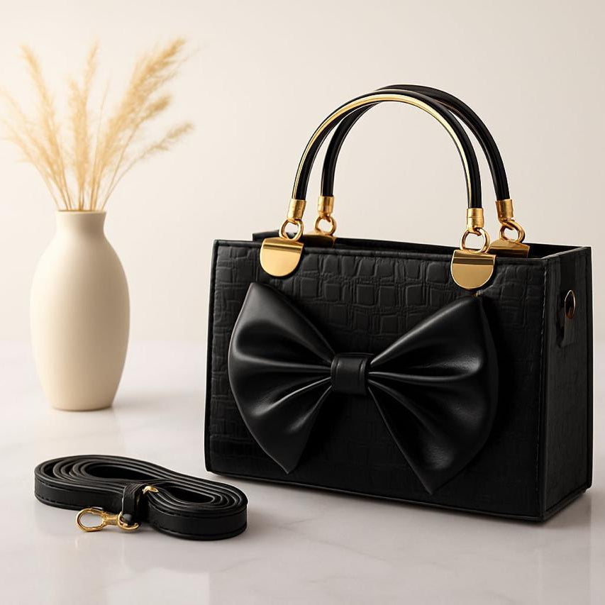 Luxury Bow Handbag for Women | Crocodile-Texture Shoulder & Crossbody Bag with Metal Handle