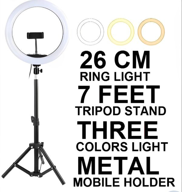 26cm LED Ring Light with Mobile Holder & 7ft Tripod Stand – Dimmable USB Selfie Ring Light with 3 Light Colors for Photography & Videography