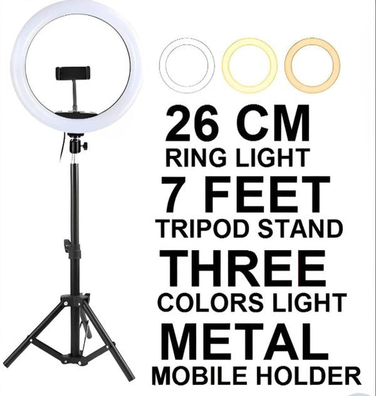 26cm LED Ring Light with Mobile Holder & 7ft Tripod Stand – Dimmable USB Selfie Ring Light with 3 Light Colors for Photography & Videography