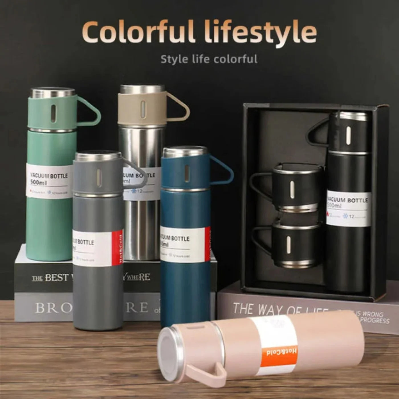 Premium Vacuum Flask Gift Set – 3-Piece Stainless Steel Thermos with 2 Cups(YM)